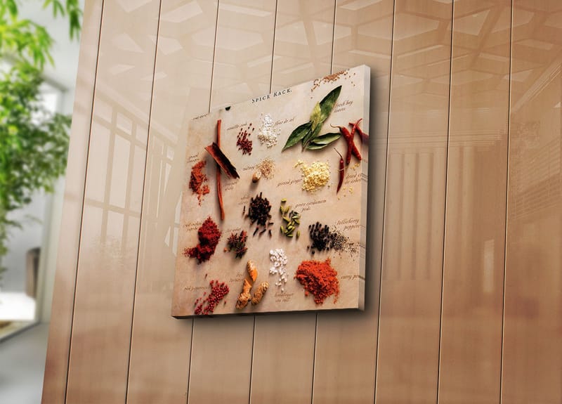 Lærredstryk 45x45 cm - Farverig samling af krydderier og urter - Rød / Grøn / Brun - Boligtilbehør - Billeder & kunst - Billeder på lærred