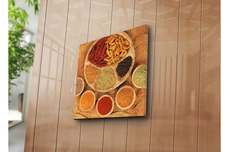 Lærredstryk 45x45 cm - Farverig samling af krydderier og urter på en rund tallerken - Rød / Gul / Brun - Boligtilbehør - Billeder & kunst - Billeder på lærred