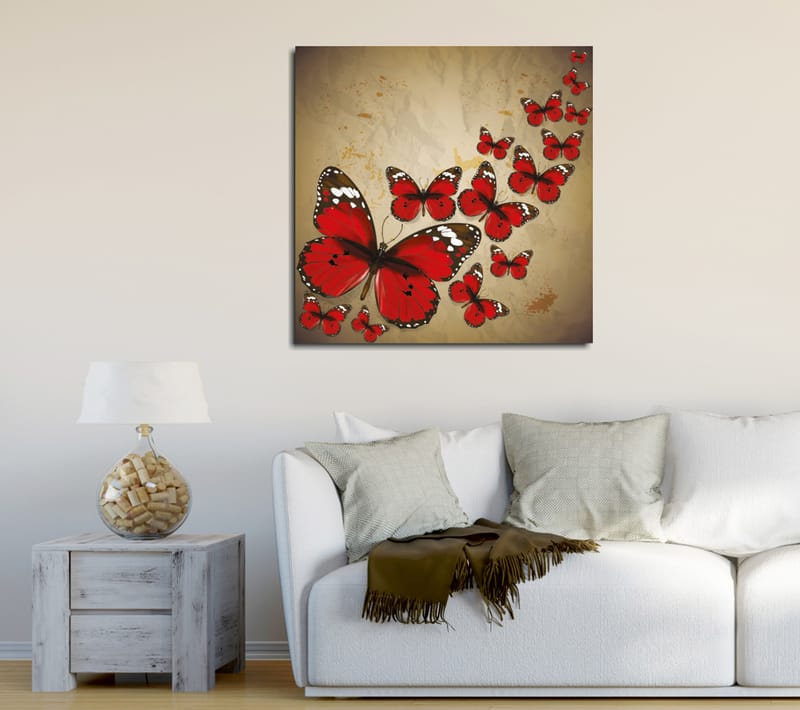 Lærredstryk 45x45 cm - Farverig samling af sommerfugle i rød nuance, Rød / Sort / Beige