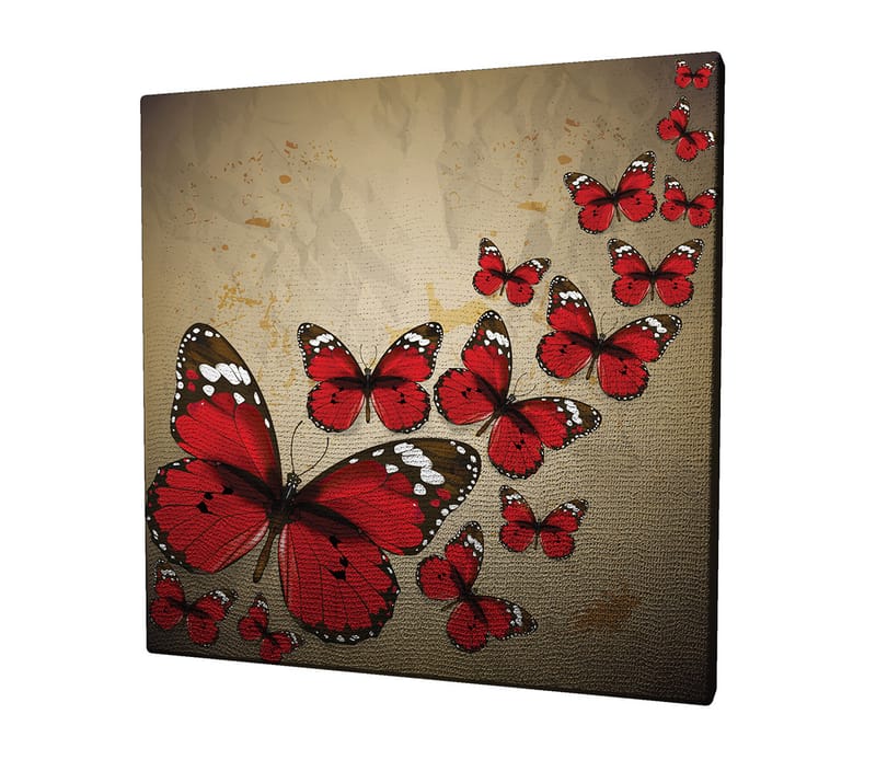 Lærredstryk 45x45 cm - Farverig samling af sommerfugle i rød nuance - Rød / Sort / Beige - Boligtilbehør - Billeder & kunst - Billeder på lærred