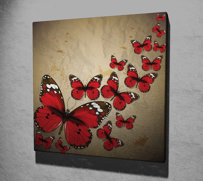 Lærredstryk 45x45 cm - Farverig samling af sommerfugle i rød nuance - Rød / Sort / Beige - Boligtilbehør - Billeder & kunst - Billeder på lærred
