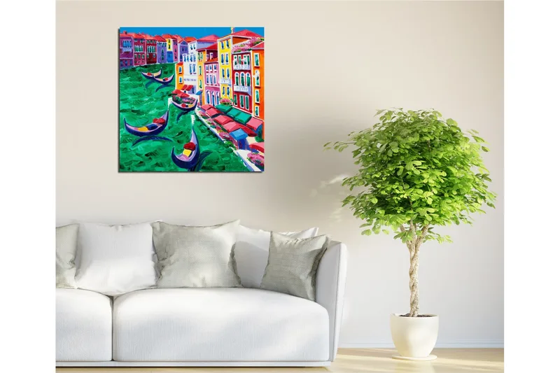Lærredstryk 45x45 cm - Farverig udsigt over en kanal med gondoler og farverige bygninger - Grøn / Rød / Blå - Boligtilbehør - Billeder & kunst - Billeder på lærred