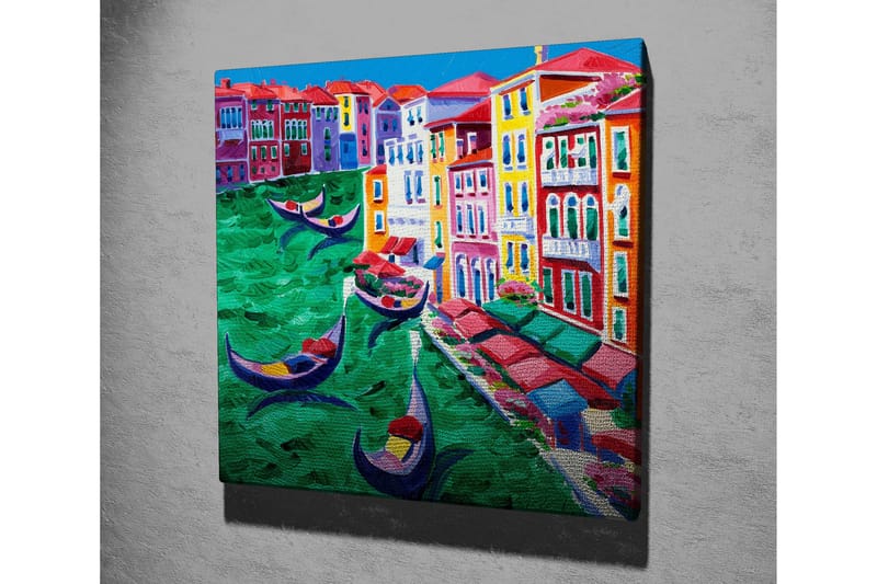 Lærredstryk 45x45 cm - Farverig udsigt over en kanal med gondoler og farverige bygninger - Grøn / Rød / Blå - Boligtilbehør - Billeder & kunst - Billeder på lærred