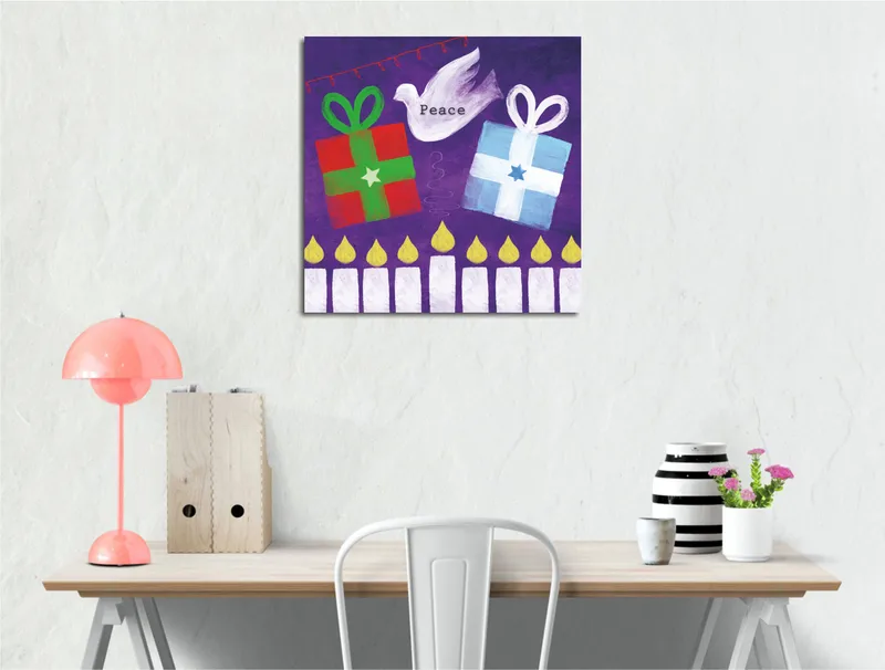 Lærredstryk 45x45 cm - Farverige gaver med en fredsdue i en legende komposition, Grøn / Rød / Lilla