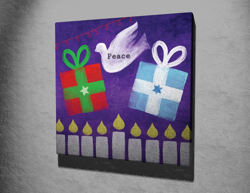 Lærredstryk 45x45 cm - Farverige gaver med en fredsdue i en legende komposition - Grøn / Rød / Lilla - Boligtilbehør - Billeder & kunst - Billeder på lærred
