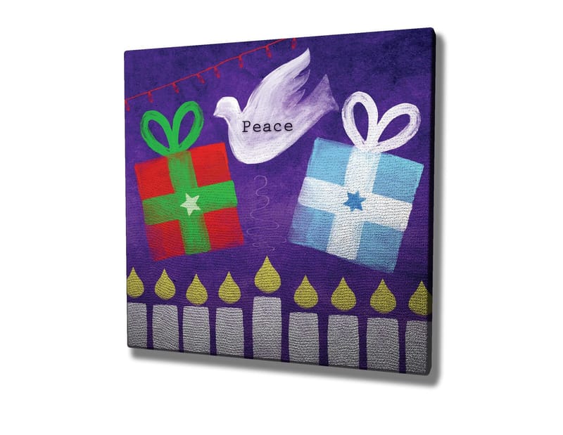 Lærredstryk 45x45 cm - Farverige gaver med en fredsdue i en legende komposition - Grøn / Rød / Lilla - Boligtilbehør - Billeder & kunst - Billeder på lærred