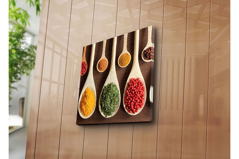 Lærredstryk 45x45 cm - Farverige krydderier i træskeer - Gul / Grøn / Rød - Boligtilbehør - Billeder & kunst - Billeder på lærred