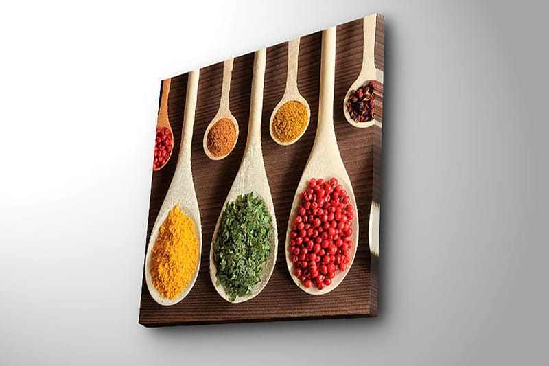 Lærredstryk 45x45 cm - Farverige krydderier i træskeer - Gul / Grøn / Rød - Boligtilbehør - Billeder & kunst - Billeder på lærred