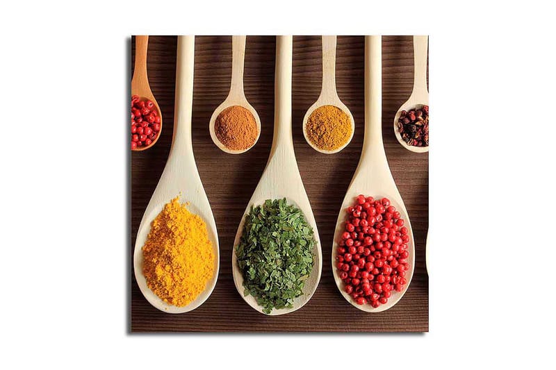 Lærredstryk 45x45 cm - Farverige krydderier i træskeer, Gul / Grøn / Rød