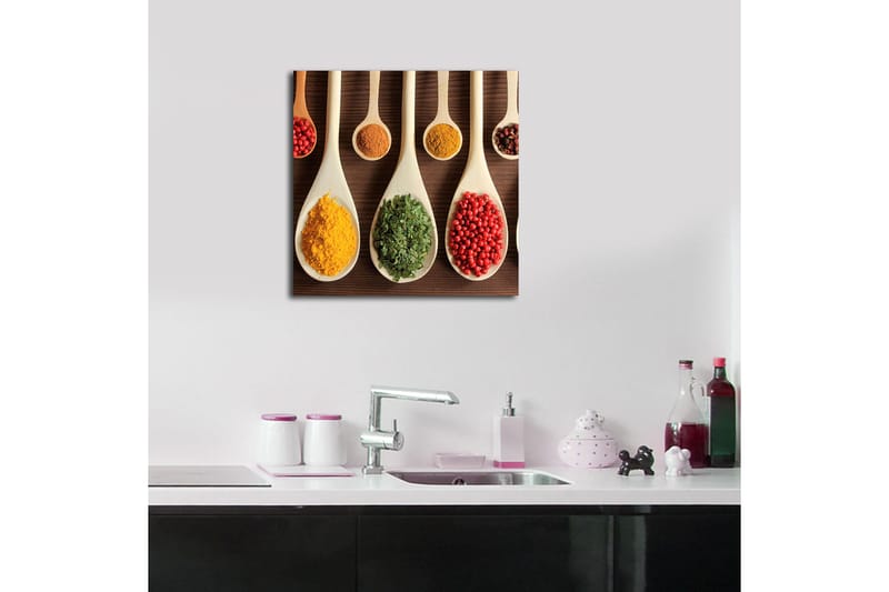 Lærredstryk 45x45 cm - Farverige krydderier i træskeer - Gul / Grøn / Rød - Boligtilbehør - Billeder & kunst - Billeder på lærred