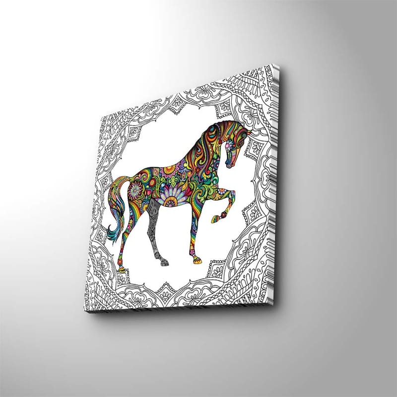 Lærredstryk 45x45 cm - Farverigt hestemotiv med mønstre og detaljer - Rød / Grøn / Blå - Boligtilbehør - Billeder & kunst - Billeder på lærred