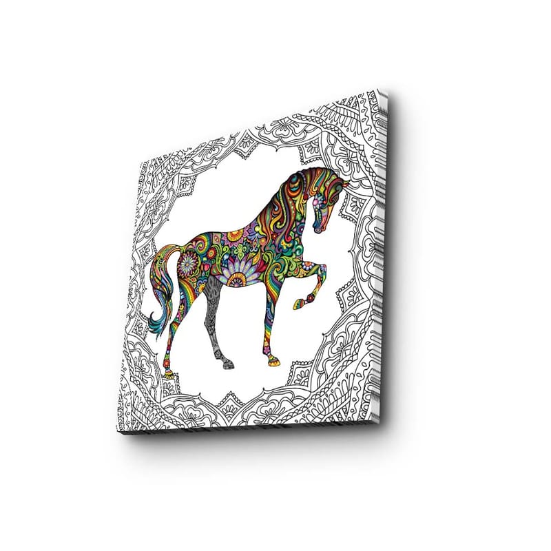 Lærredstryk 45x45 cm - Farverigt hestemotiv med mønstre og detaljer, Rød / Grøn / Blå