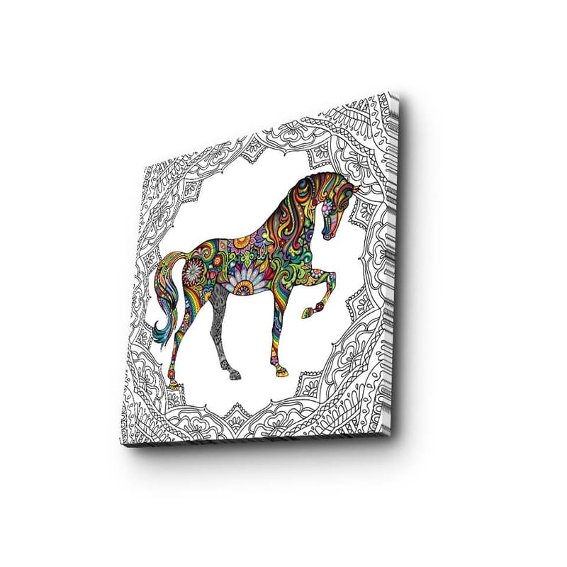 Lærredstryk 45x45 cm - Farverigt hestemotiv med mønstre og detaljer, Rød / Grøn / Blå