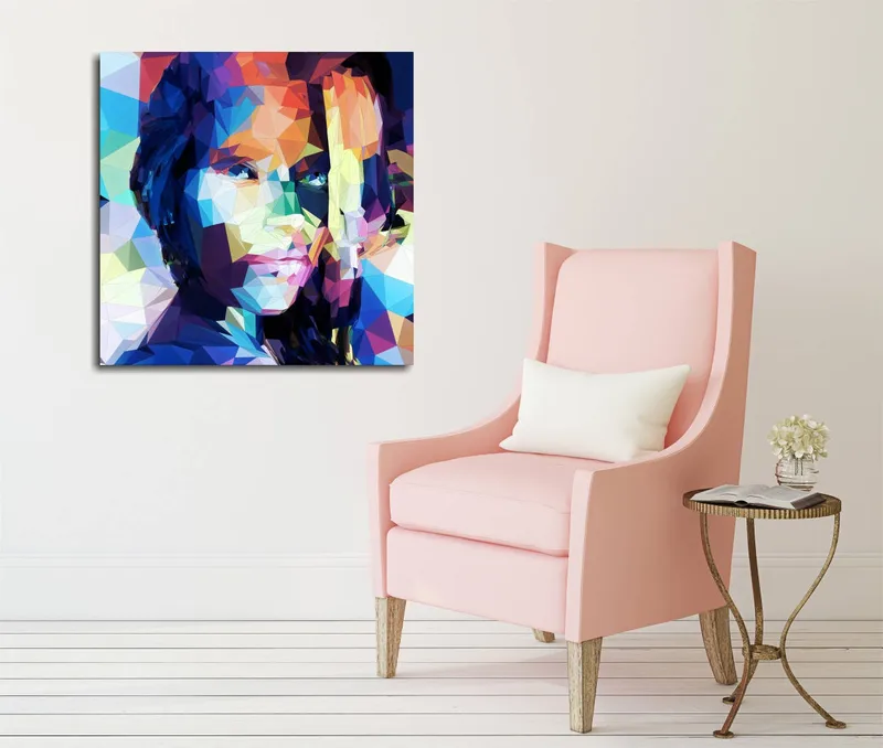 Lærredstryk 45x45 cm - Geometrisk portræt af en kvinde i farverig stil, Blå / Rød / Grøn