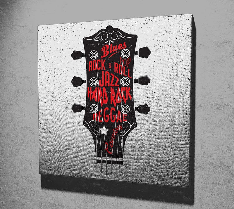 Lærredstryk 45x45 cm - Guitarhoved med musikgenrer i fokus - Sort / Rød / Hvid - Boligtilbehør - Billeder & kunst - Billeder på lærred