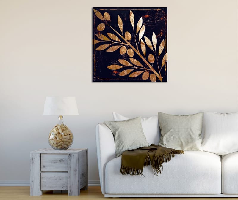 Lærredstryk 45x45 cm - Gyldent plantemotiv med blade og bær på en mørk baggrund, Guld / Mørkeblå