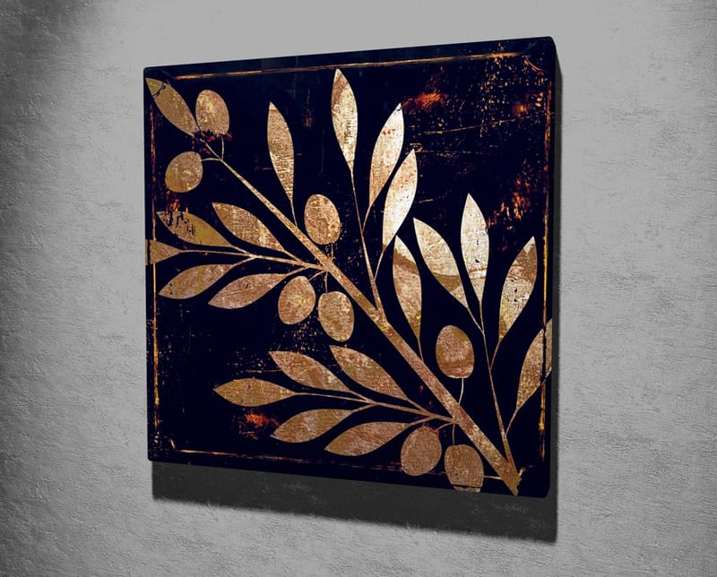 Lærredstryk 45x45 cm - Gyldent plantemotiv med blade og bær på en mørk baggrund - Guld / Mørkeblå - Boligtilbehør - Billeder & kunst - Billeder på lærred