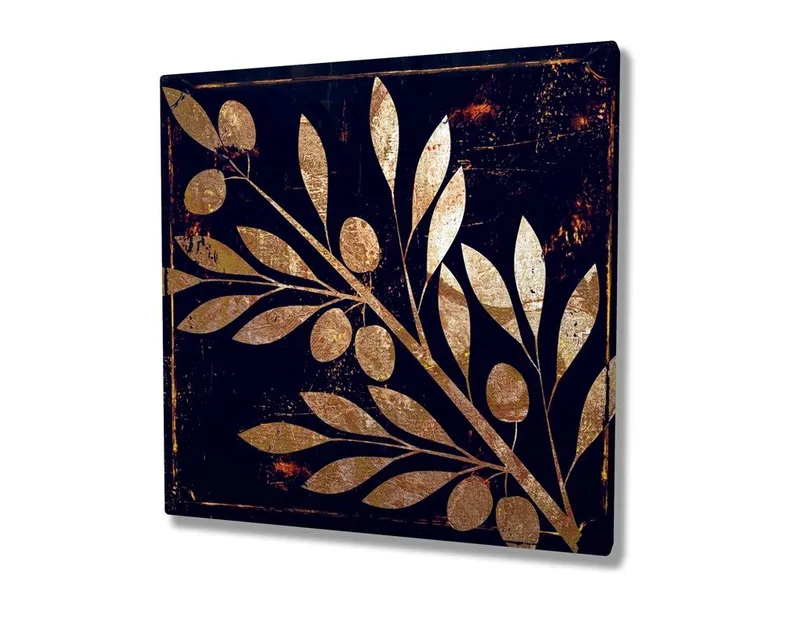 Lærredstryk 45x45 cm - Gyldent plantemotiv med blade og bær på en mørk baggrund - Guld / Mørkeblå - Boligtilbehør - Billeder & kunst - Billeder på lærred