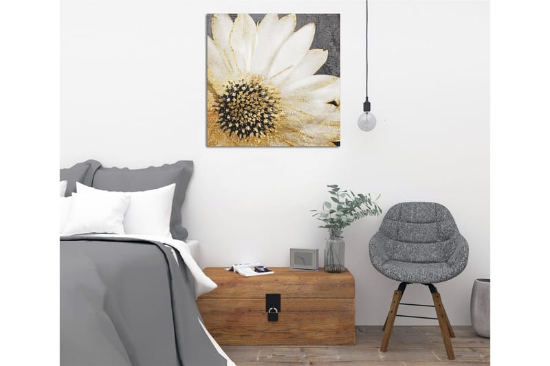 Lærredstryk 45x45 cm - Hvid blomst med sort midte og gyldne detaljer - Hvid / Sort / Guld - Boligtilbehør - Billeder & kunst - Billeder på lærred