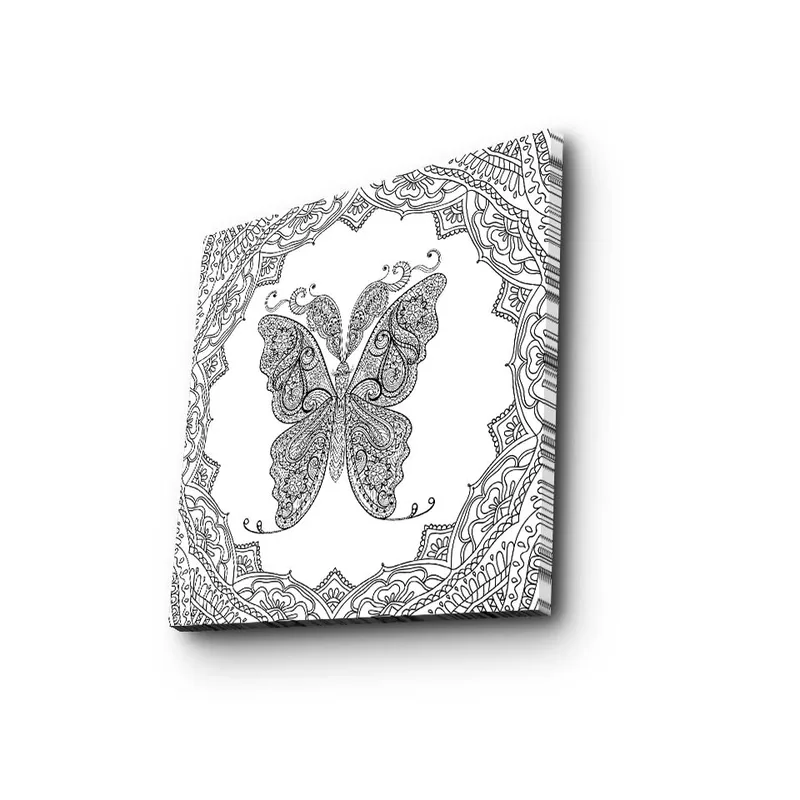 Lærredstryk 45x45 cm - Indviklet mønster af en sommerfugl omgivet af dekorative detaljer, Sort / Hvid