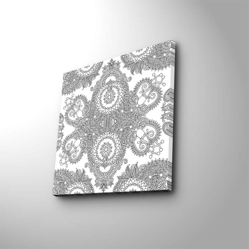 Lærredstryk 45x45 cm - Indviklet mønster af sorte linjer på hvid baggrund, Sort / Hvid