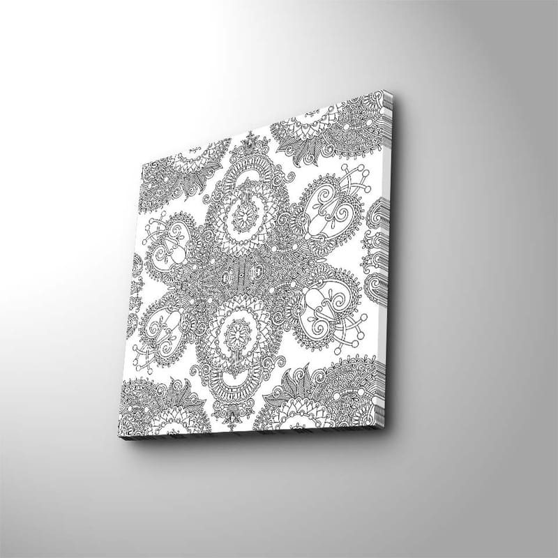 Lærredstryk 45x45 cm - Indviklet mønster af sorte linjer på hvid baggrund, Sort / Hvid