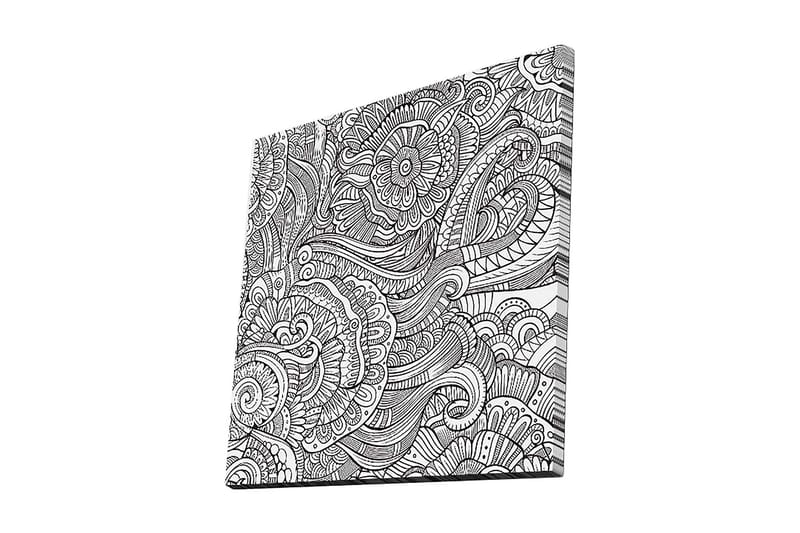 Lærredstryk 45x45 cm - Indviklet mønster med blomster og buede linjer, Sort / Hvid