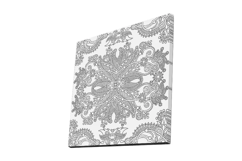 Lærredstryk 45x45 cm - Indviklet mønster med blomster- og geometriske elementer, Sort / Hvid
