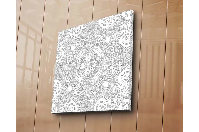 Lærredstryk 45x45 cm - Indviklet mønster med buede linjer og spiraler, Hvid / Sort