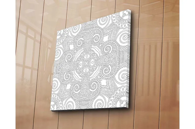 Lærredstryk 45x45 cm - Indviklet mønster med buede linjer og spiraler, Hvid / Sort