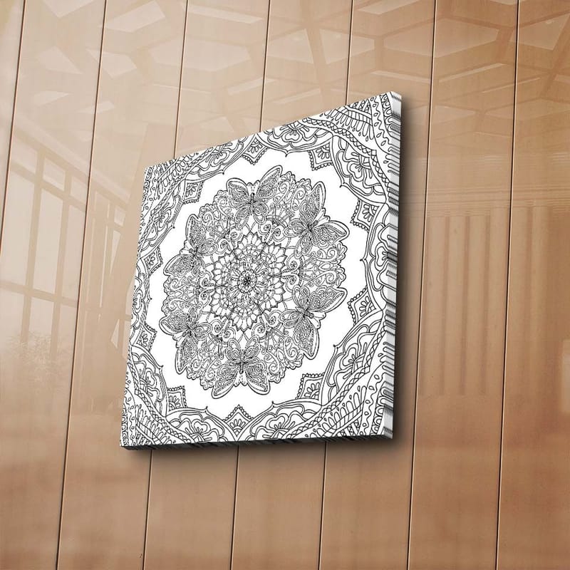 Lærredstryk 45x45 cm - Indviklet mandala med sommerfugle og blomster - Sort / Hvid - Boligtilbehør - Billeder & kunst - Billeder på lærred