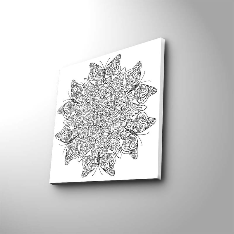 Lærredstryk 45x45 cm - Indviklet mandala med sommerfugle og blomster, Sort / Hvid