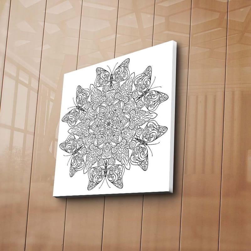 Lærredstryk 45x45 cm - Indviklet mandala med sommerfugle og blomster - Sort / Hvid - Boligtilbehør - Billeder & kunst - Billeder på lærred
