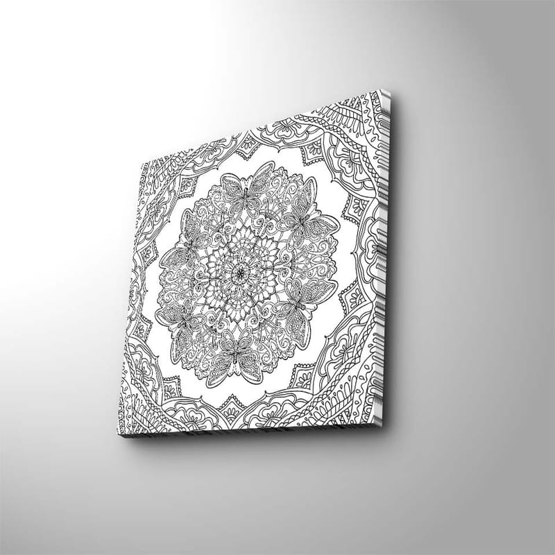 Lærredstryk 45x45 cm - Indviklet mandala med sommerfugle og blomster - Sort / Hvid - Boligtilbehør - Billeder & kunst - Billeder på lærred