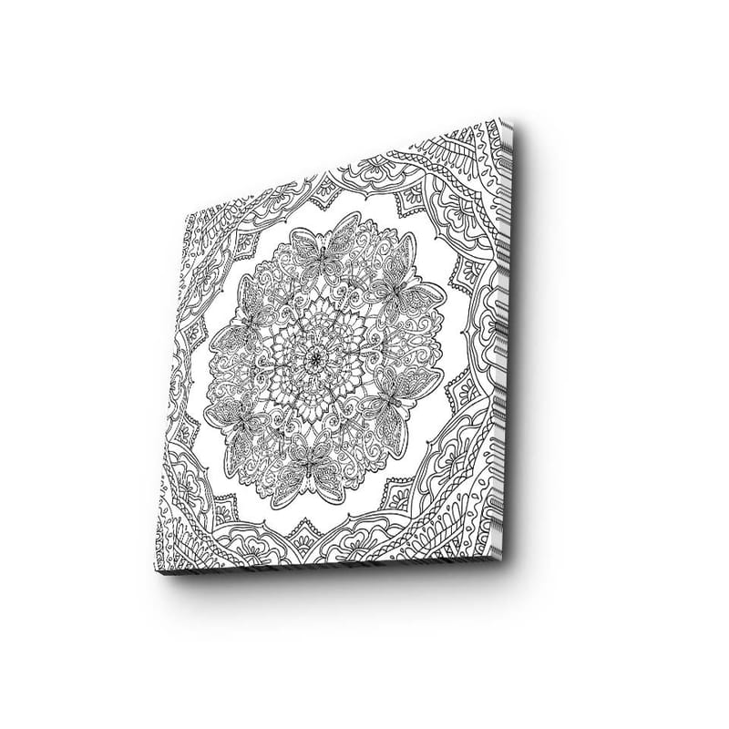Lærredstryk 45x45 cm - Indviklet mandala med sommerfugle og blomster, Sort / Hvid
