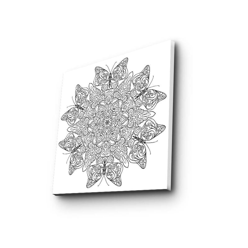 Lærredstryk 45x45 cm - Indviklet mandala med sommerfugle og blomster - Sort / Hvid - Boligtilbehør - Billeder & kunst - Billeder på lærred