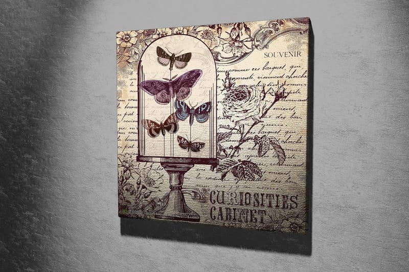 Lærredstryk 45x45 cm - Insekter i en glasskål med blomster og håndskrevet tekst i baggrunden - Lilla / Grå / Beige - Boligtilbehør - Billeder & kunst - Billeder på lærred