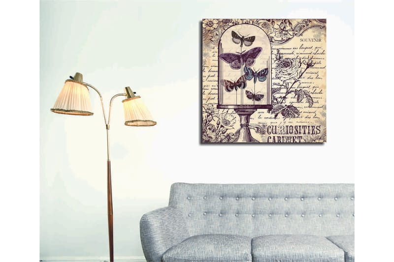 Lærredstryk 45x45 cm - Insekter i en glasskål med blomster og håndskrevet tekst i baggrunden - Lilla / Grå / Beige - Boligtilbehør - Billeder & kunst - Billeder på lærred