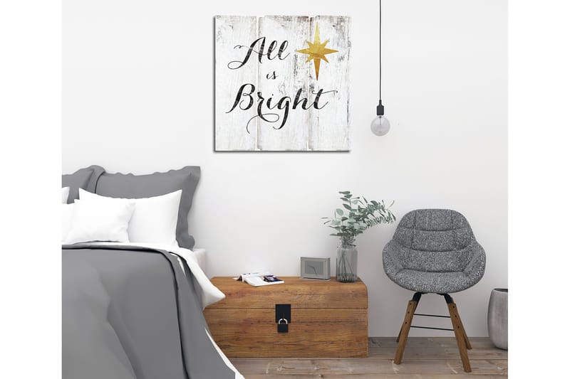 Lærredstryk 45x45 cm - Inspirerende tekst med stjerne på træpanel, Hvid / Sort / Guld