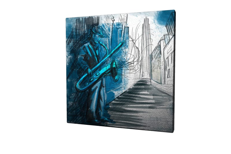 Lærredstryk 45x45 cm - Jazzmusiker spiller saxofon i et bymiljø - Blå / Grøn / Sort - Boligtilbehør - Billeder & kunst - Billeder på lærred