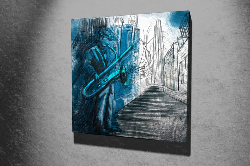 Lærredstryk 45x45 cm - Jazzmusiker spiller saxofon i et bymiljø - Blå / Grøn / Sort - Boligtilbehør - Billeder & kunst - Billeder på lærred