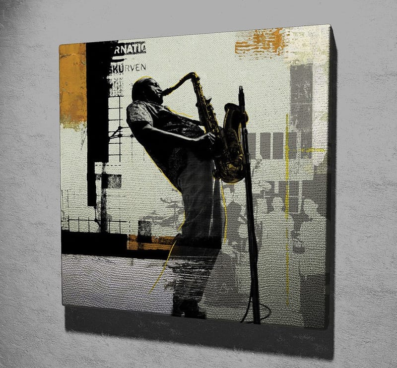Lærredstryk 45x45 cm - Jazzmusiker spiller saxofon i et bymiljø - Sort / Gul / Grå - Boligtilbehør - Billeder & kunst - Billeder på lærred