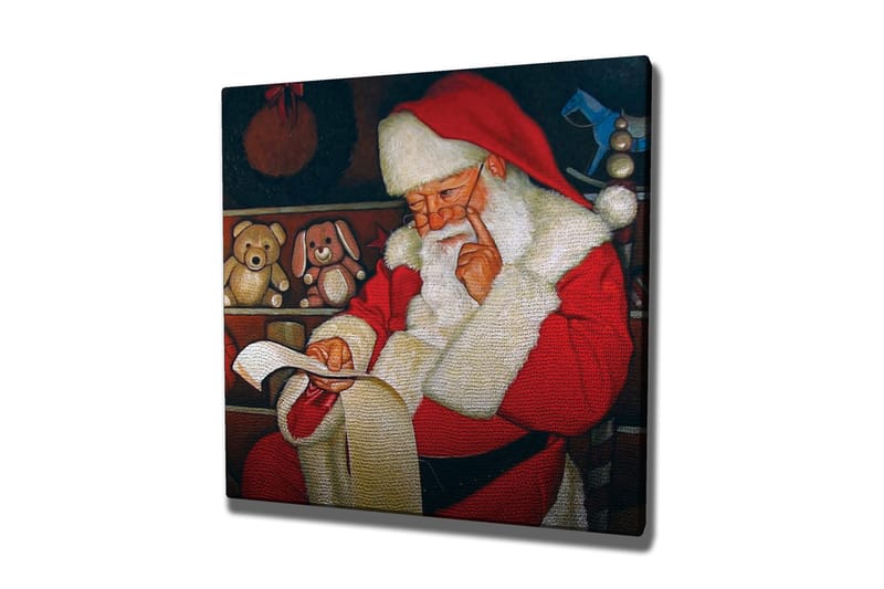 Lærredstryk 45x45 cm - Julemanden læser en liste med legetøj i hyggelige omgivelser - Rød / Hvid / Brun - Boligtilbehør - Billeder & kunst - Billeder på lærred