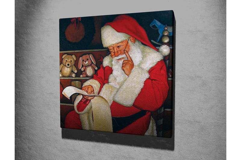Lærredstryk 45x45 cm - Julemanden læser en liste med legetøj i hyggelige omgivelser - Rød / Hvid / Brun - Boligtilbehør - Billeder & kunst - Billeder på lærred