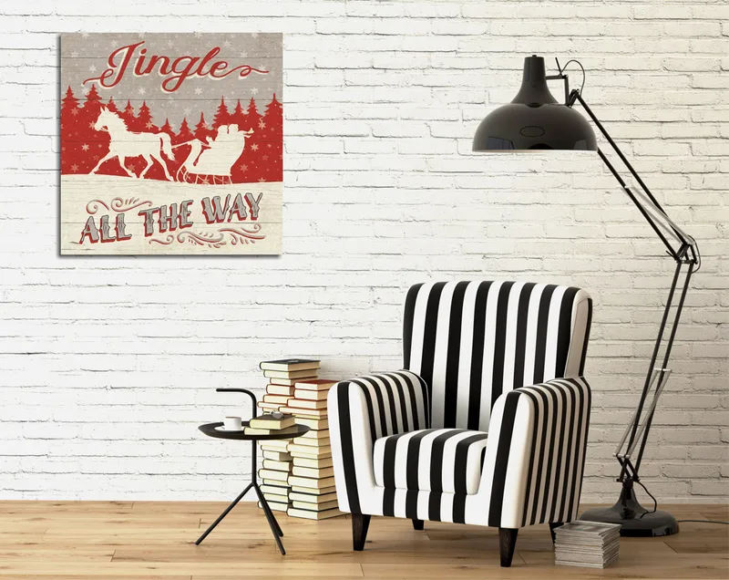 Lærredstryk 45x45 cm - Julemotiv med rensdyr og kane i snedækket landskab, Rød / Grå / Hvid