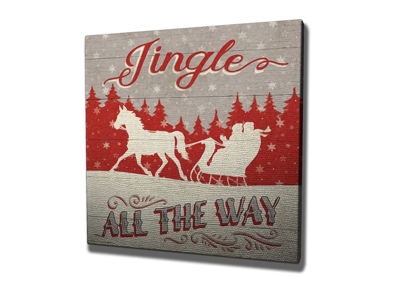 Lærredstryk 45x45 cm - Julemotiv med rensdyr og kane i snedækket landskab - Rød / Grå / Hvid - Boligtilbehør - Billeder & kunst - Billeder på lærred