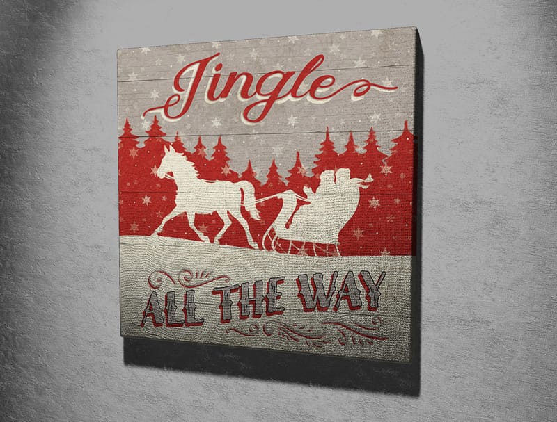 Lærredstryk 45x45 cm - Julemotiv med rensdyr og kane i snedækket landskab - Rød / Grå / Hvid - Boligtilbehør - Billeder & kunst - Billeder på lærred