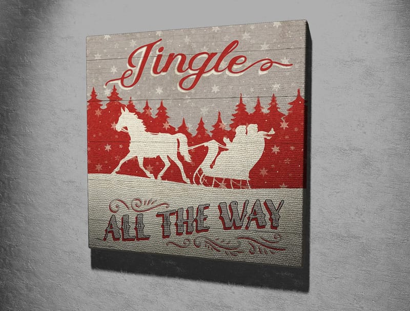 Lærredstryk 45x45 cm - Julemotiv med rensdyr og kane i snedækket landskab - Rød / Grå / Hvid - Boligtilbehør - Billeder & kunst - Billeder på lærred