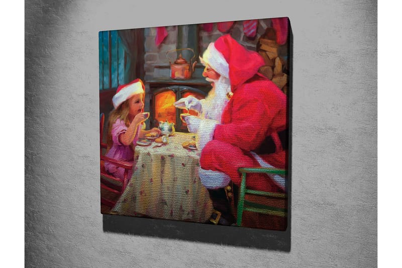 Lærredstryk 45x45 cm - Julestemning med julemanden og børn, der deler en kop varm chokolade - Rød / Beige / Grøn - Boligtilbehør - Billeder & kunst - Billeder på lærred