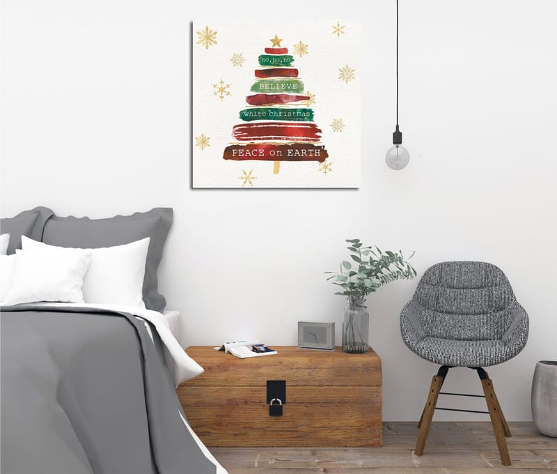 Lærredstryk 45x45 cm - Juletræ med tekst og pynt, Grøn / Rød / Brun
